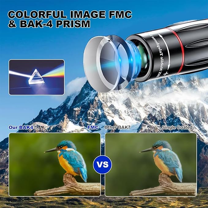 64X Zoom Mobile Phone Telephoto Lens with Tripod & Phone Clamp - HD FMC Monocular Lens for Long Distance Photography, Bird Watching, Sports & Vlogging (Universal Smartphone Lens)