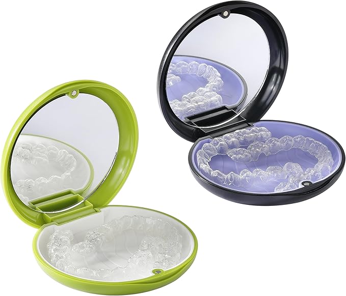 2 PCS Retainer Cases, Compatible with Invisalign, Mouth Guard Case with Mirror, Suitable for Storage Retainer Removal Tool, Chewy, and Brush (1PCS Green White+1PCS Black Purple)