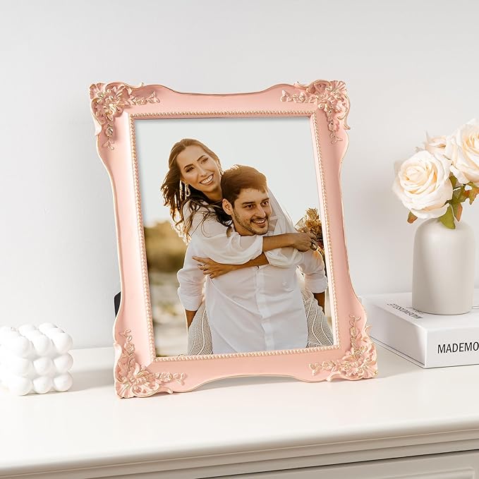 Axeman Vintage Pink Picture Frames 8x10 | 8 x 10 Antique Picture Frame with Real Glass | Ornate 8x10 Picture Frame for Wall & Tabletop Display | Retro Pink 8 x 10 Frame