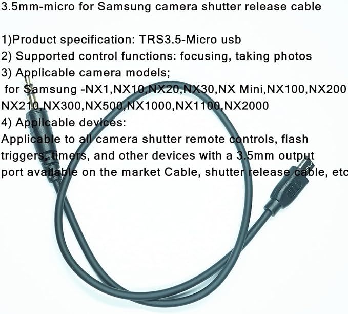 (SR2NX2) 3.5 mm - Micro USB is Suitable for The Samsung Camera Shutter Release Cable NX1,NX10,NX20,NX30,NX Mini,NX100,NX200,NX210,NX300,NX500,NX1000,NX1100,NX2000 (3.5mm-Micro Cable)