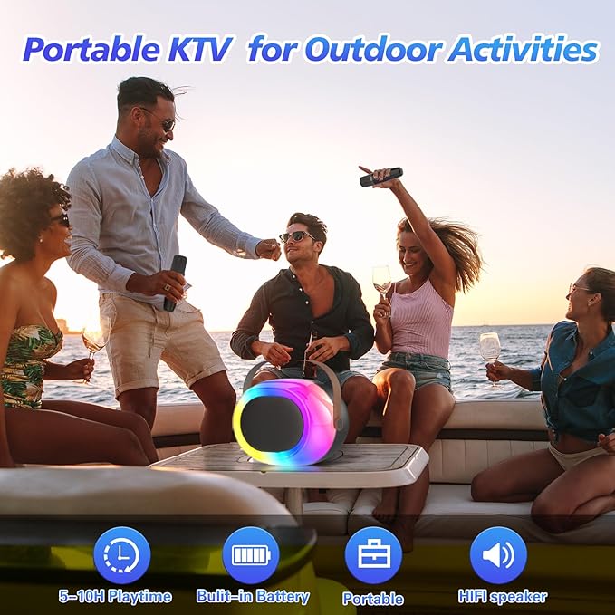 Karaoke Machine for Adults,Portable Bluetooth Speaker with Two Wireless Microphones and Dynamic Lights,Support TF/USB/AUX,Birthday Gifts for Girls/Boys/Men/Women/Family Home Party