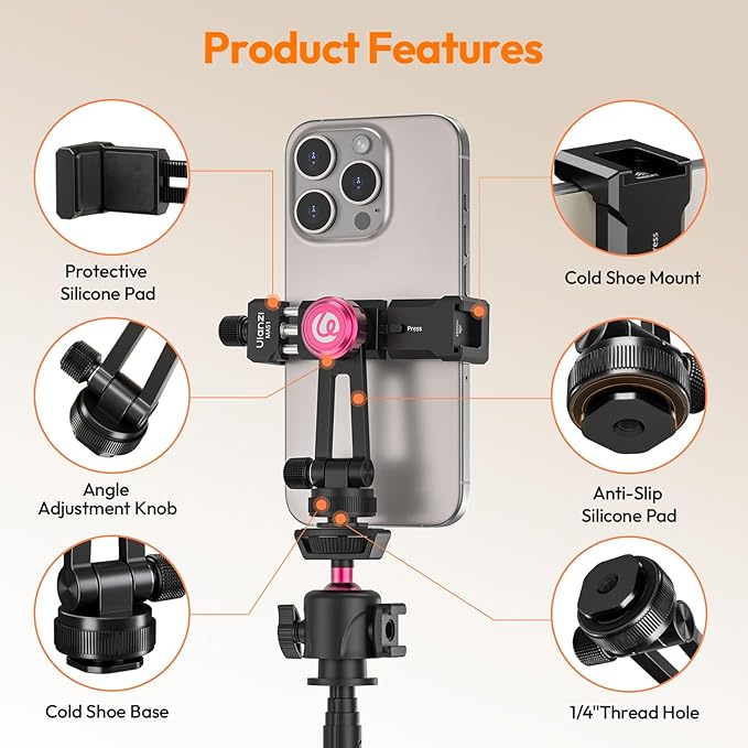 ULANZI MA61 Metal Phone Tripod Mount with Cold Shoe, 360° Adjustable Hot Shoe Camera Phone Mount for iPhone 17 16 15 14 Pro Max, Samsung, Aluminum Alloy Clamp for Vlogging, Live Streaming, Video