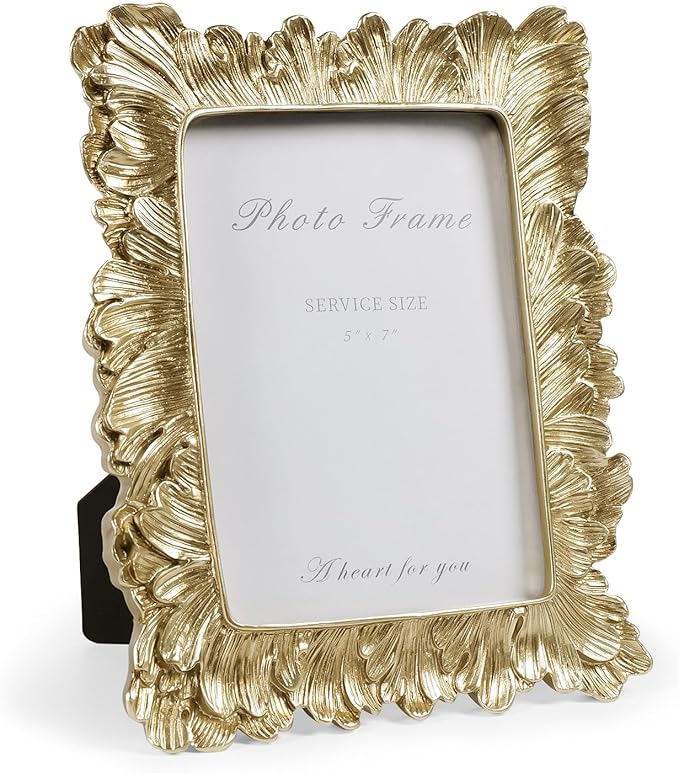 Cuspin Gold 5x7 Picture Frame, Vintage Gold Palm Leaves Textured Hand-Crafted Resin Frame with Glass Front, Elegant Retro Photo Frame for Wall and Tabletop Display Home Decor