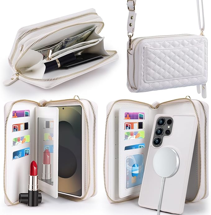 Harryshell Compatible with Samsung Galaxy S25 Ultra Case Wallet Multi Zipper Detachable Removable Cover Purse with Card Slots Holder Mirror Crossbody Strap (Compatible with Magsafe - White)