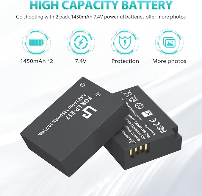LP LP-E17 Battery Charger Pack, Compatible with Canon EOS R8, R10, R50, RP, Rebel T6i, T7i, T8i, T6s, SL2, SL3, EOS 77D, 200D, 750D, 760D, 800D, 8000D, M3, M5, M6 Mark II, KISS X8i & More DSLR Camera