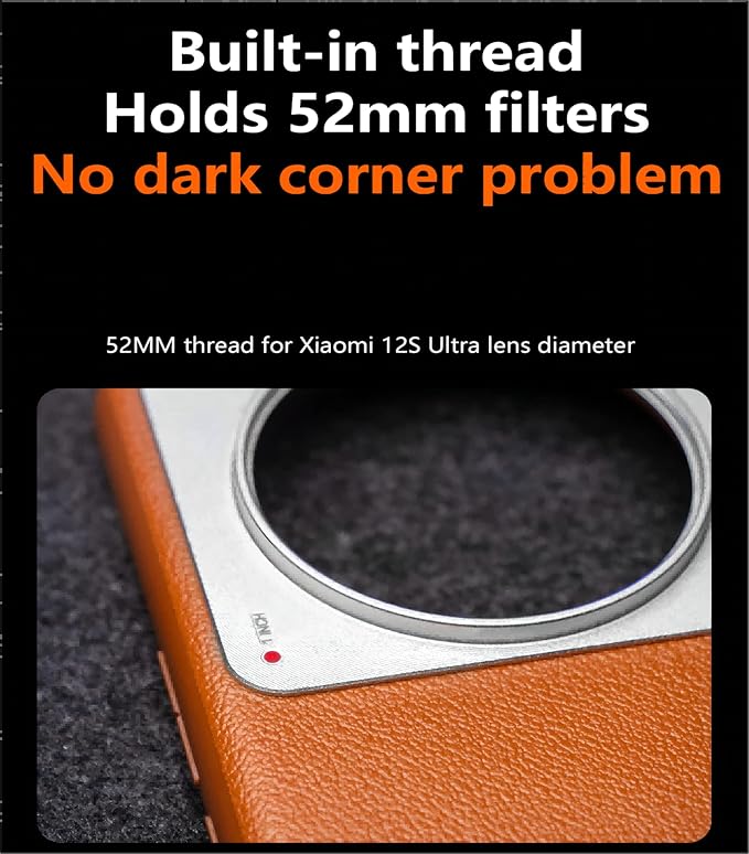 Xiaomi 12S Ultra Phone Case, 4pcs 52mm Cell Phone Lens Filters Kit with CPL, Adjustable ND, Black Mist and Star Flare Filter Lenses, Cowhide Cell Phone Case with Magnetic Attraction, Orange