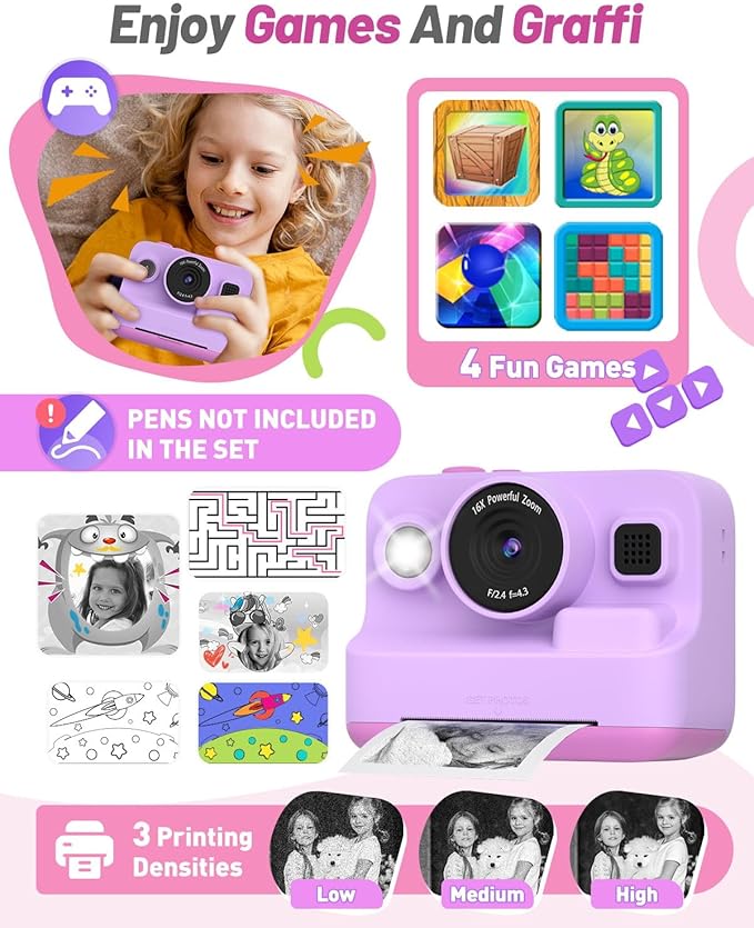 Kids Camera Instant Print, Dual-Lens Front Rear Selfie Camera for Kids, Christmas Birthday Gifts Toys for 3-12 Year Old Boys Girls, 2.4in Screen 1080P Kids Digital Cameras with 32G Card