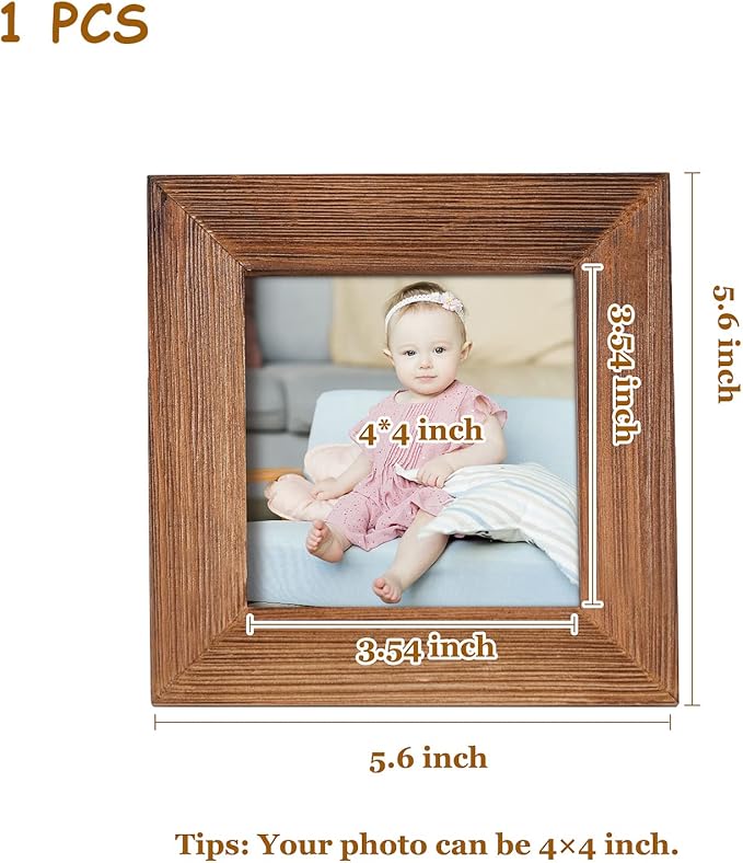 4 x 4 Picture Frame Square Wood Distressed Simple Striped Border Designed Brown Wooden Photo Frame with HD Glass for Tabletop Display Wall Mount Wedding Baby Family Farmhouse Collage Home Office Decor
