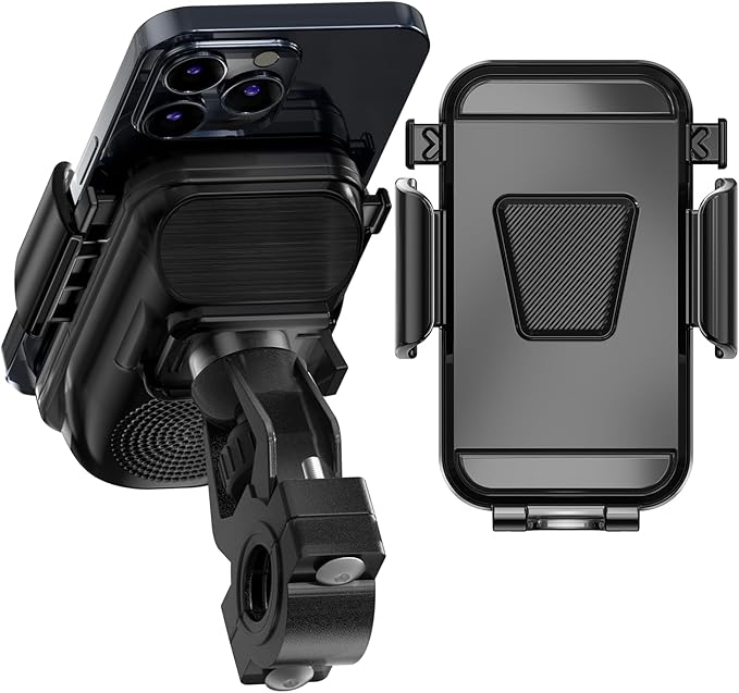 Phone Holder Induction Speaker for Bike, 4.7-7.4" Phones Stand Mount with Bluetooth Speaker Amplifier, Scooter Motorcycle Handle Bar Multifunctional Clamp, 360° Rotating, IP65 Water Resistant
