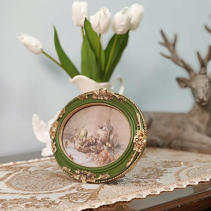 Vintage Picture Frames 5x7 Ornate Green and Gold Antique Pictue Frames with Real Glass Cover for Wall & Tabletop Display Victorian Home Decor Gallery Wall Decor,Oval