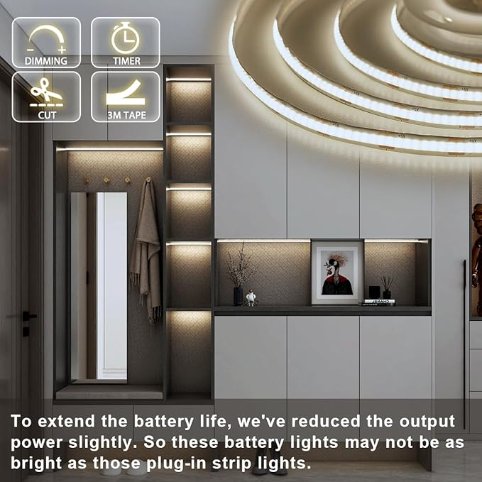 OMIKA COB LED Light Strip, 6.56FT 640LED 4000K Natural White Battery Powered LED Strip Lights with Remote Control Timer Dimmable Flexible Cuttable Tape Light for Cabinet Shelves Desk Bedroom