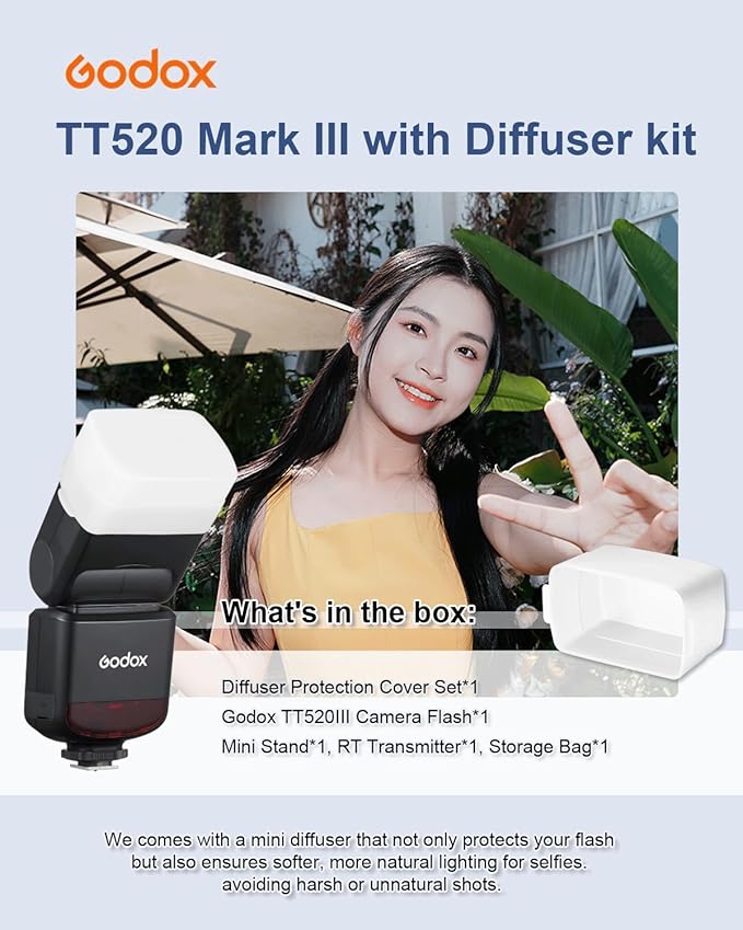 Godox TT520III Universal Bounce Flash Kit with Diffuser for Canon, Nikon, Sony, Fuji, Olympus Single-Contact Hot Shoe Cameras, 433MHz Wireless Speedlite, GN33, 400 Flashes, S1/S2 Optical Slave Modes