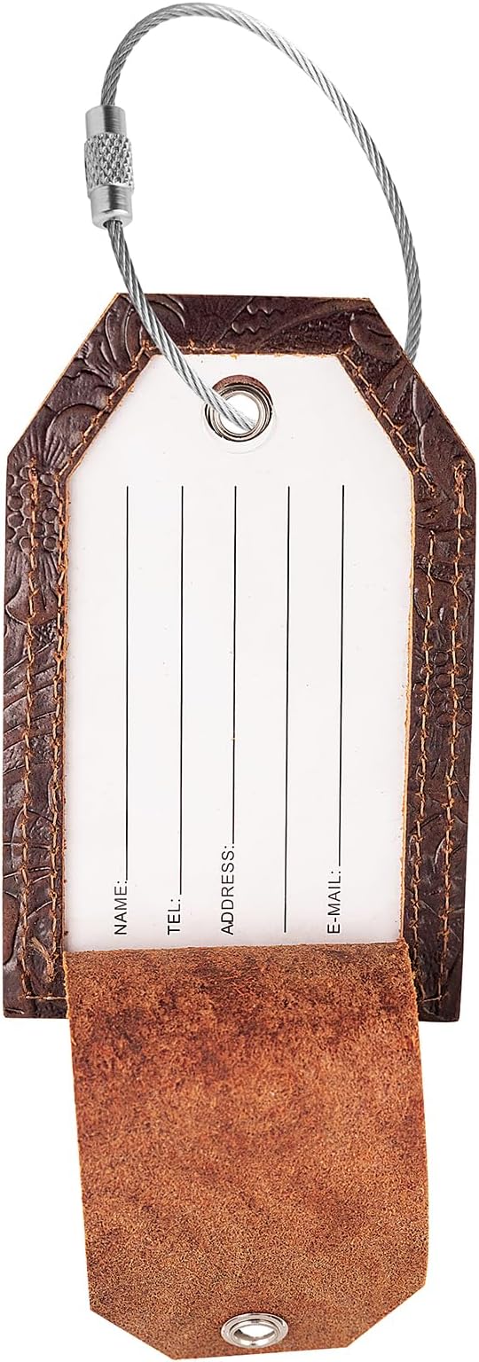 Genuine Leather Set of 2 Luggage Tag with Full Back Privacy Name ID Card Stainless Steel Loop Suitcase Labels Identifiers Baggage Tags Luggage for Women Men Travel (Yellow Brown Flower)