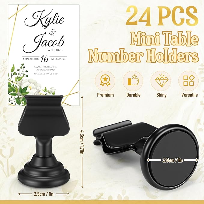 Kathfly 24 Pcs Metal Table Number Holders 1.7 Inch Black Mini Place Card Holders Bulk Harp-clip Table Sign Stands Card Holder Display Picture Memo Notes Menu for Weddings Restaurants Birthday Decor