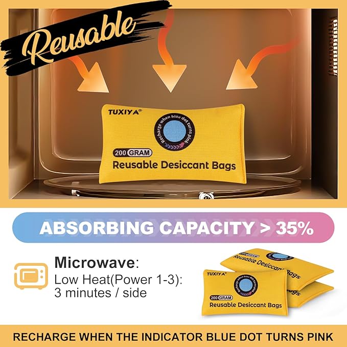 24Pack(200g Each) Rechargeable Silica Gel Desiccant Packets,Color Indicating Desiccant Packs for Storage,Moisture Absorbers for Storage Bins,Suitcase,Safes,3D Filaments,Wet Zones and Cars