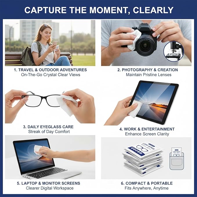 Lens Cleaning Wipes – 220 PCS Eyeglass Cleaner Wipes, Individually Wrapped, Streak-Free & Fast-Drying for Glasses, Sunglasses, Camera Lenses, Phone & Laptop Screens