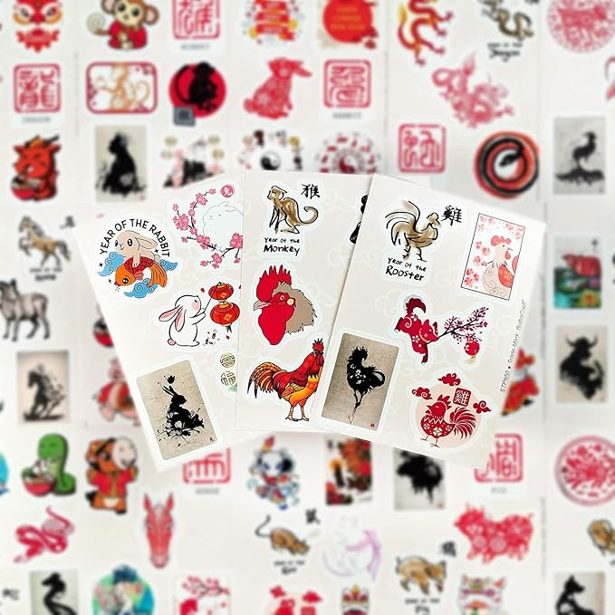BulbaCraft 100Pcs Chinese New Year Stickers - Chinese Zodiac Stickers, Lunar New Year Decals, Gifts for Women & Men