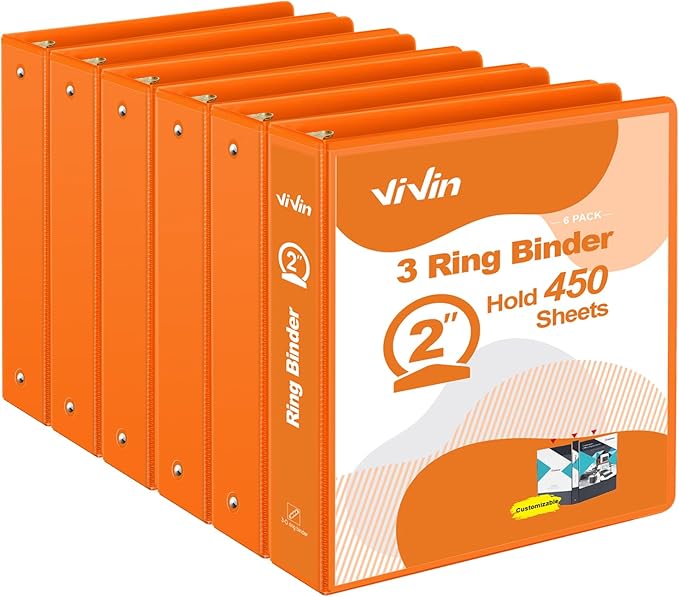 ViVin 2 Inch Round Ring View Binder for Durability, Standard 3 Ring Binder for 450 Sheets of US Letter Size Paper, PVC-Free, 6-Pack (Orange)