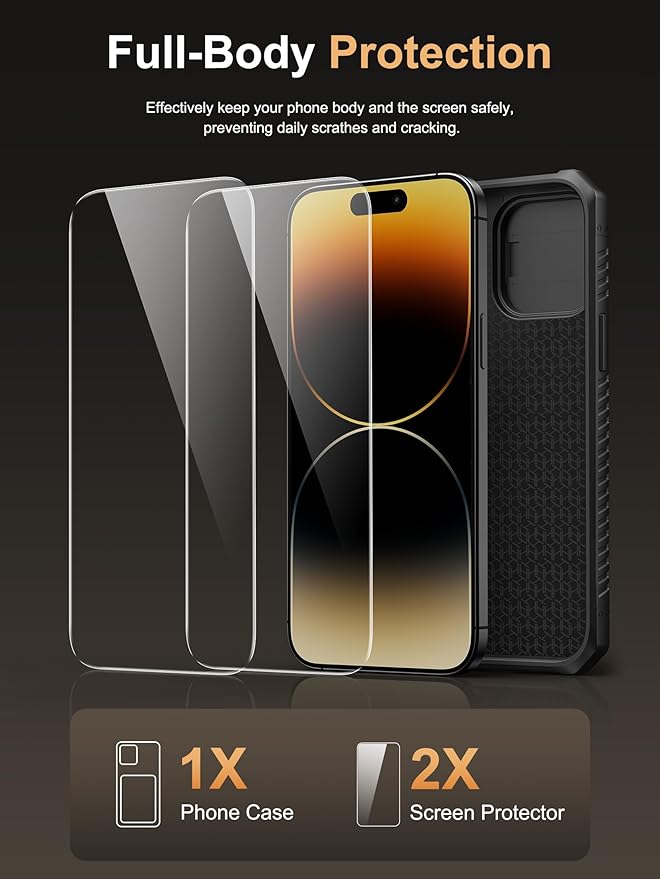Vihibii for iPhone 14 Pro Max Case with [2X Screen Protector], Built-in Card Holder (4 Cards), [RFID Blocking] & Slide Camera Cover & Tempered Glass Films, Rugged Wallet Case for 14 Pro Max 5g, Black