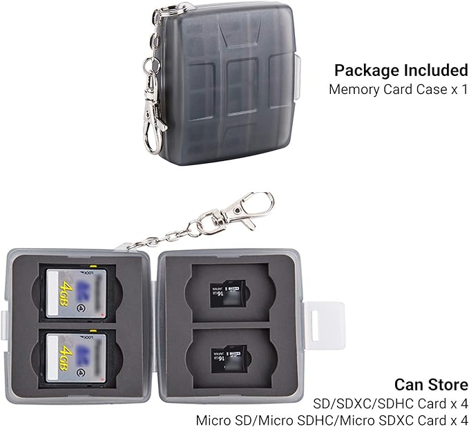 8 Slots Memory Card Case for 4 SD/SDHC/SDXC Cards and 4 Micro SD/TF Cards,Anti-Dust Crush Resistance,SD Card Case Small Micro SD Holder with Chain (Gray)
