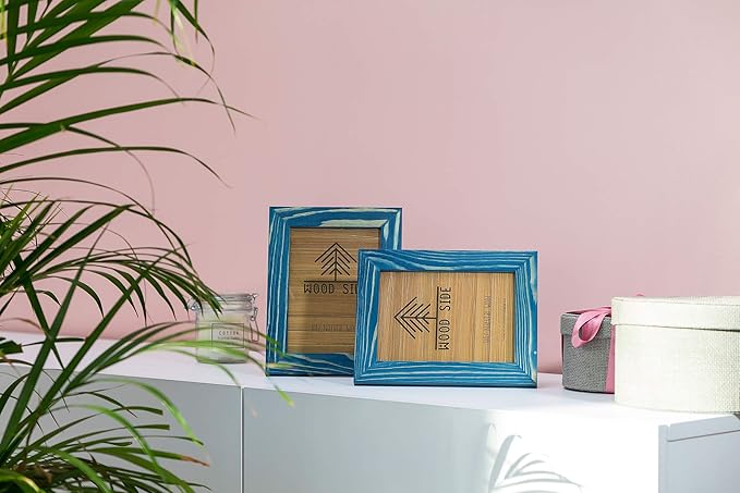 Rustic Wooden Picture Frames 4x6 - Set of 2-100% Natural Eco Solid Wood and High Definition Real Glass for Table Top and Wall Mounting Photo Frame - Navy Blue