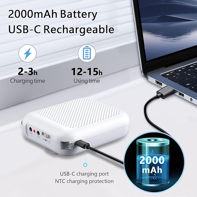 Norwii Bluetooth Voice Amplifier, Power Amplifiers, Portable Mini Wired Microphone Headset for Teacher Classroom & Outdoor Lectures, Teaching, Tour Guides, USB-C Rechargeable - 2000mAh, White