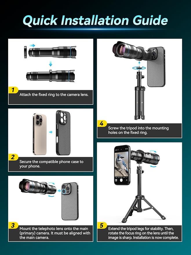 APEXEL 36x Telephoto Lens Compatible with iPhone 15 Pro | Photography for Travel, Birdwatching, Exploration | Kit with Sturdy Metal Tripod and Threaded Phone Case