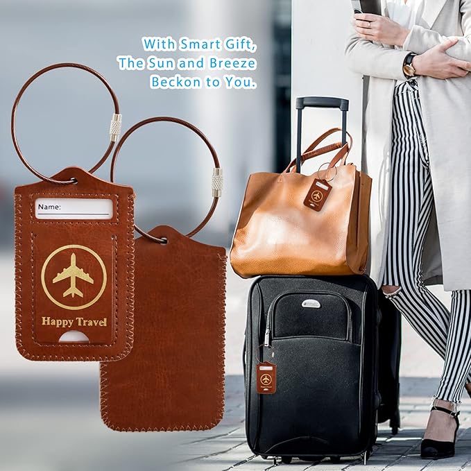 Luggage Tags, ACdream Leather Case Luggage Bag Tags Travel Tags 2 Pieces Set, Brown