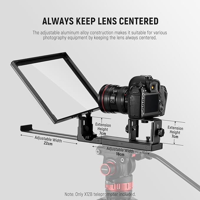 NEEWER Basics X12B Aluminum Alloy Teleprompter 12" for iPad Tablet DSLR Camera, Bluetooth, No Assembly, Remote & App Control, Compatible with iOS Android, Black, for Streaming