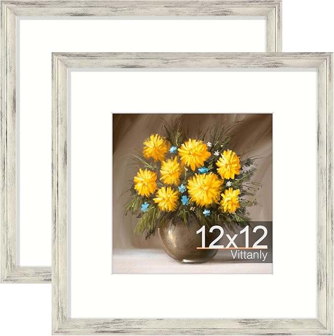 Vittanly 12x12 Picture Frames Set of 2, Ornate Vintage Photo Frame for Wall or Tabletop, Display 8x8 Pictures with Mat or 12x12 without Mat, Distressed White