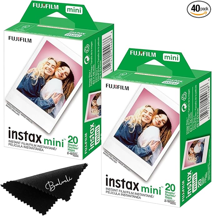 Fujifilm Instax Mini Film Two Instant Film Twin Packs - 40 EXP Total, ISO 800, Compatible to Mini Evo, Mini 12, Mini 11, Mini 40 Bundeld with Premium Balveli Microfiber Cloth