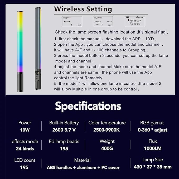 NA430 PRO RGB Light Wand Video Selfie Handheld Light Stick APP Control 2500k-9900K 24 Effects 2600mAh Rechargable for Photography Studio (NA430 PRO)