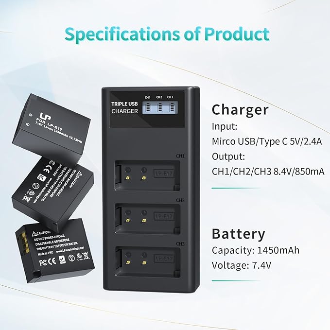 LP LP-E17 Battery and Charger Set, 3-Pack LP E17 1450mAh Battery & Triple Slot Charger for Canon EOS R50 RP R8 R10, Rebel T8i, T7i, T6i, T6s, SL2, SL3, EOS M3, M5, M6, EOS 200D, 77D, 750D, 760D, 800D