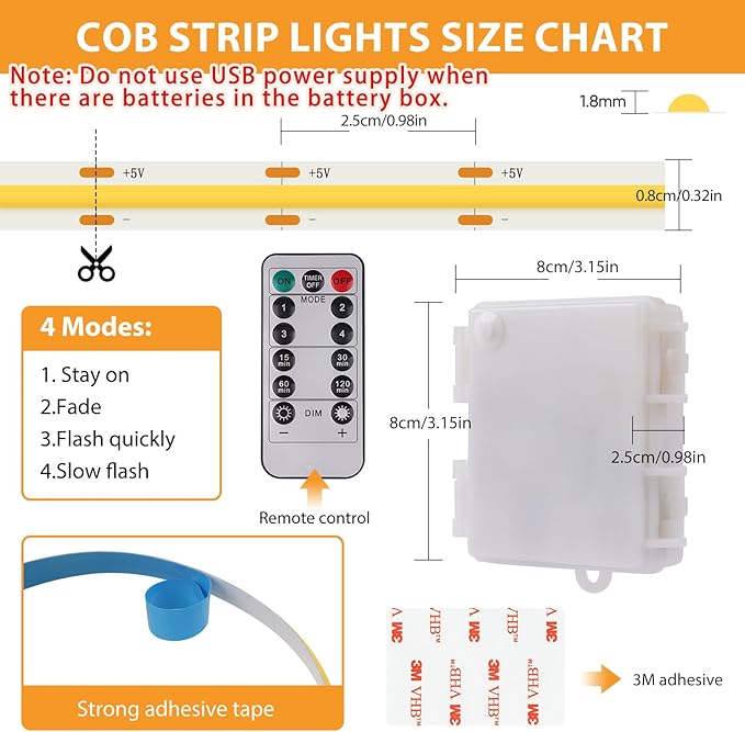 OMIKA COB LED Light Strip, 6.56FT 640LED 4000K Natural White Battery Powered Strip Lights with Remote Control Timer Dimmable Flexible Cuttable Tape Light for Cabinet Shelves Desk Bedroom (2 Pack)