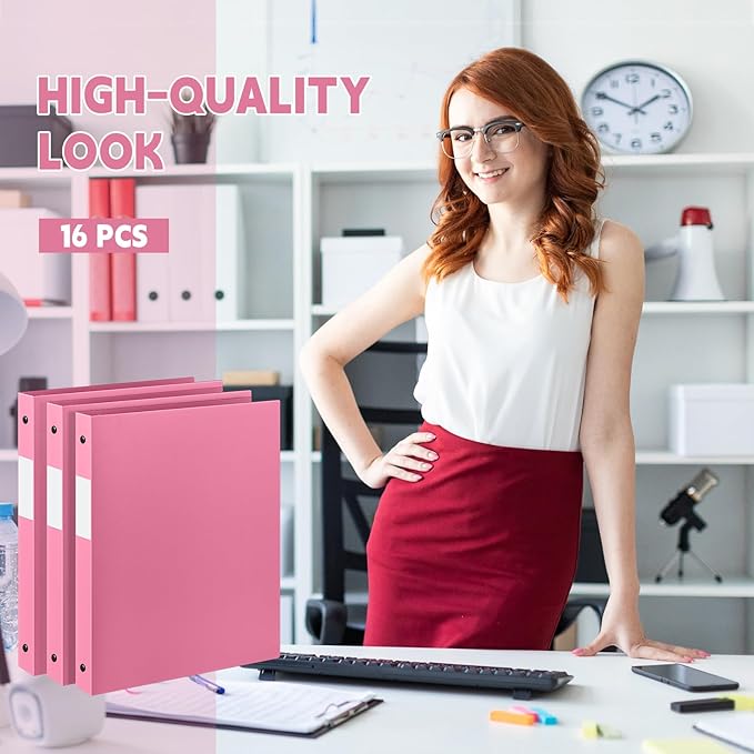 Henoyso 16 Pcs 3 Ring Binder 1/2'' Round Fits Letter Size 8.5'' x 11'' Paper Plastic Flexible Binder Holds 140 Sheets with 1 Pockets Versatile Organizer for Home Office School (Pink)
