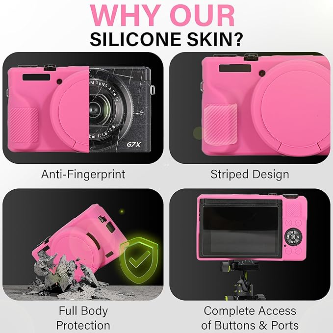 STSEETOP Camera Case for Canon PowerShot G7X Mark III - Protective Silicone DSLR Skin with Lens Cover, Detachable Cage, Shockproof, Dustproof (Rose)