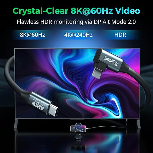 SMALLRIG USB4 40Gbps USB-C Cable, 240W Fast Charging & 8K@60Hz Video & 40Gbps Data Transfer, 35cm/13.8in Straight to Angled Connectors with Cable Tie, for MacBook for iPad Pro for iPhone - 5075