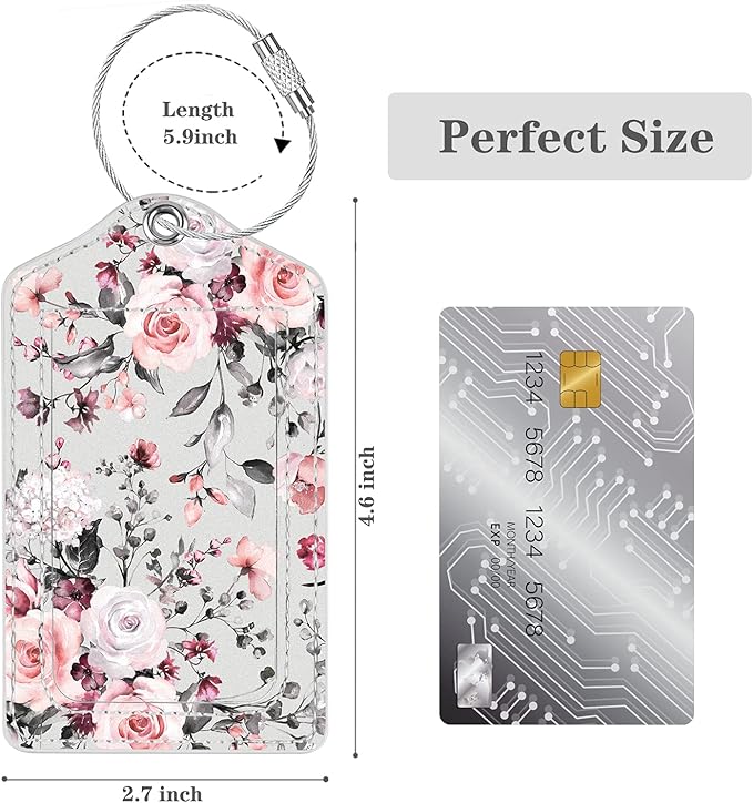 2 Pack Luggage Tag for Suitcases Leather Privacy Cover ID Label Suitcase Labels Identifiers with Stainless Steel Loop, Travel Bag Tags, Grey Flowers