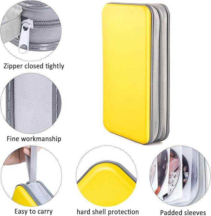 DVD Case, Bivisen CD Case Holder Wallet Binder 96 Capacity CD/DVD Cases Storage Holder Binder Organizer Wallet Book for Car Home Travel (Yellow)