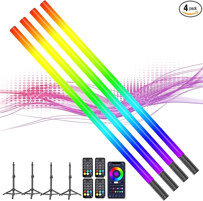 4 Pack RGB Tube Light with Tripod, Battery Powered 18W 4ft LED Video Light, Portable Handheld Color Neon Lights Bar for Photography Studio DJ Dance Photo Booth Lighting Party Lights Stick