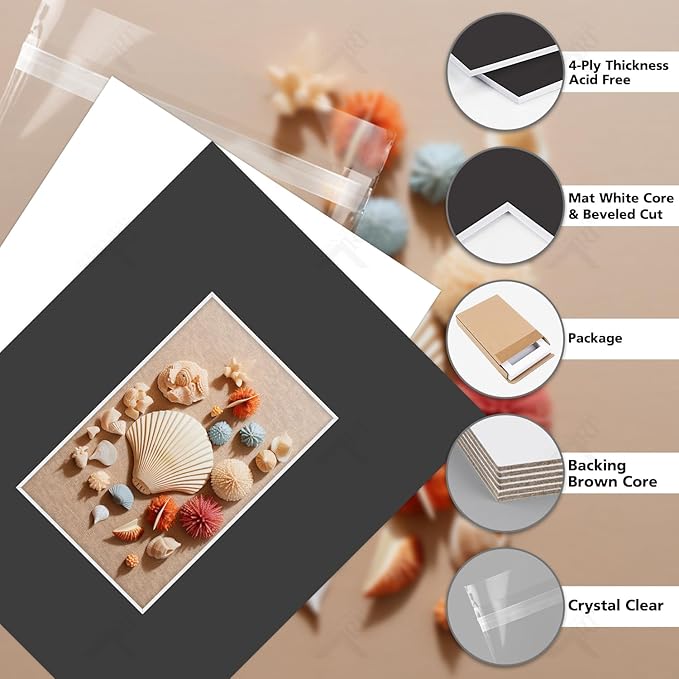 Golden State Art, Acid Free, Pack of 5, 8x10 Black Picture Mats Mattes with White Core Bevel Cut for 4x6 Photo + Backing + Bags