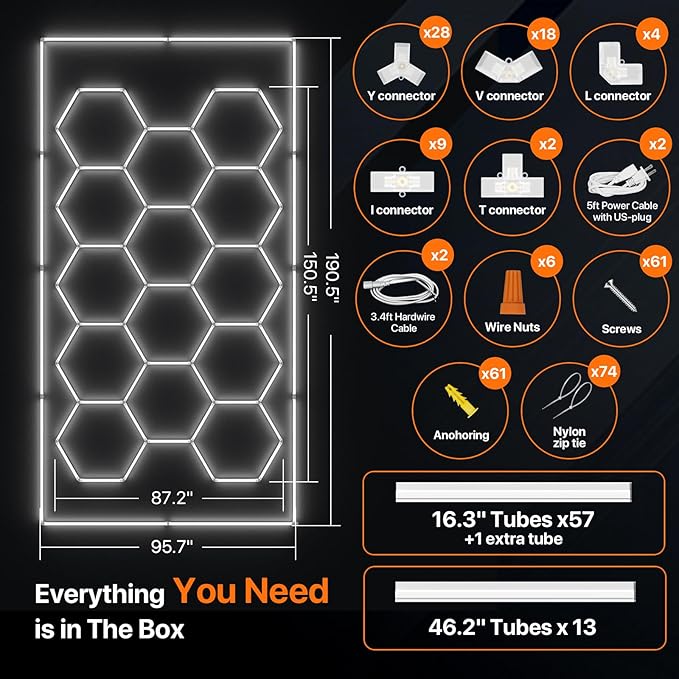 Hexagon Garage Lights: 579W 14 Grids Hexagon Led Lights, 6500K Ultra Bright Hex Light, Honeycomb Light for Garage, Shop, Basement, Barber, Homegym