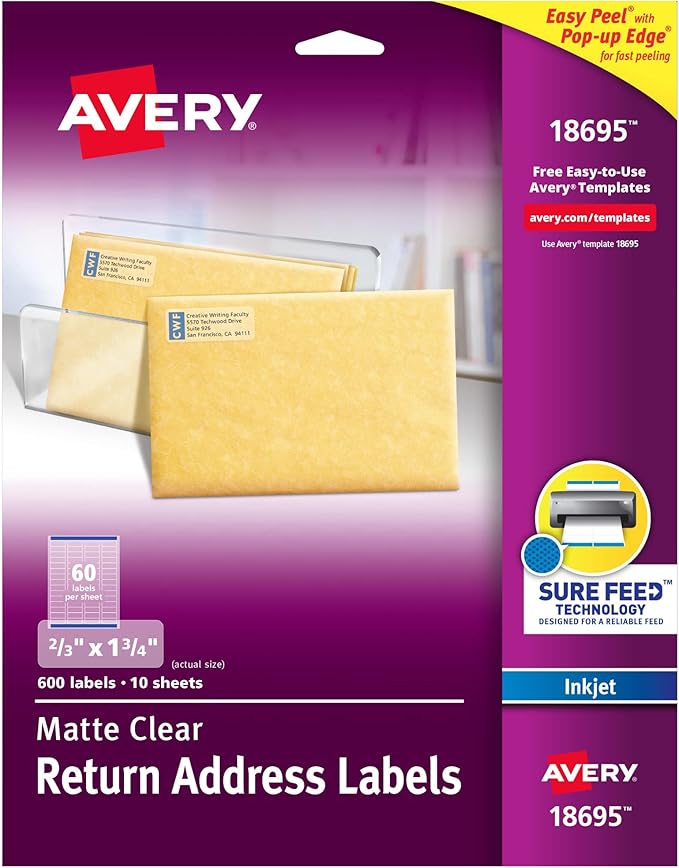 Avery Printable Return Address Labels with Sure Feed, 2/3" x 1-3/4", Matte Clear, 600 Blank Mailing Labels (18695)
