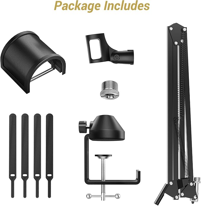 TONOR Microphone Boom Arm, Adjustable Microfono Stand Mic Arm with Extra-large Pop Filter, 3/8’’ and 5/8’’ Screwadapter, Equipment for Podcast, Recording, Streaming, 35cm+35cm, T10