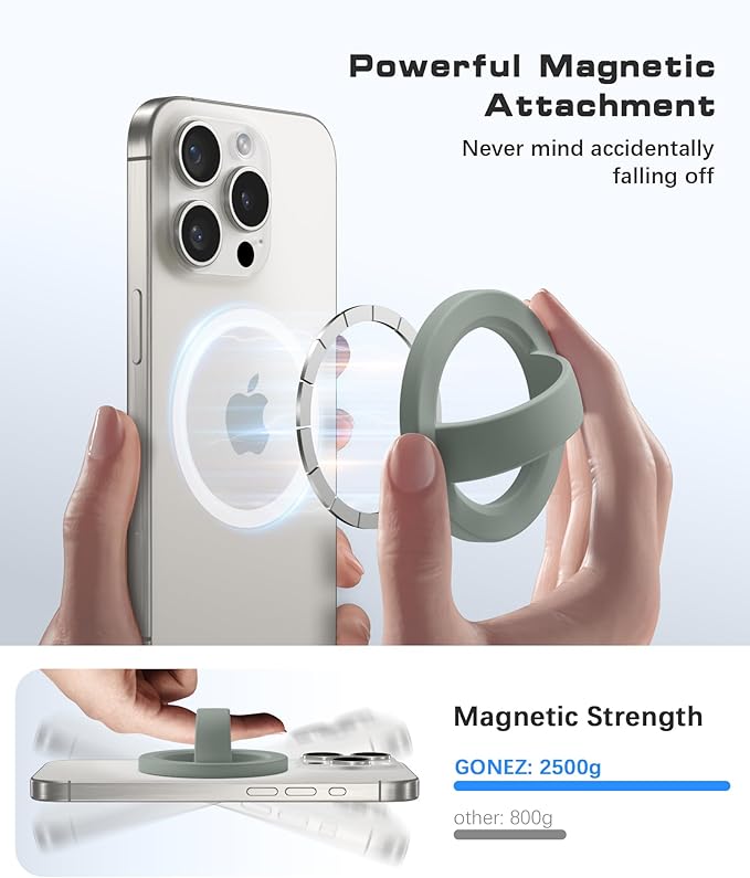 GONEZ Magnetic Phone Grip Compatible with MagSafe, Removable Silicone Loop Grip, Phone Ring Holder for Back of Phone for iPhone 17/16/15/14/13/12 Series, Calke Green