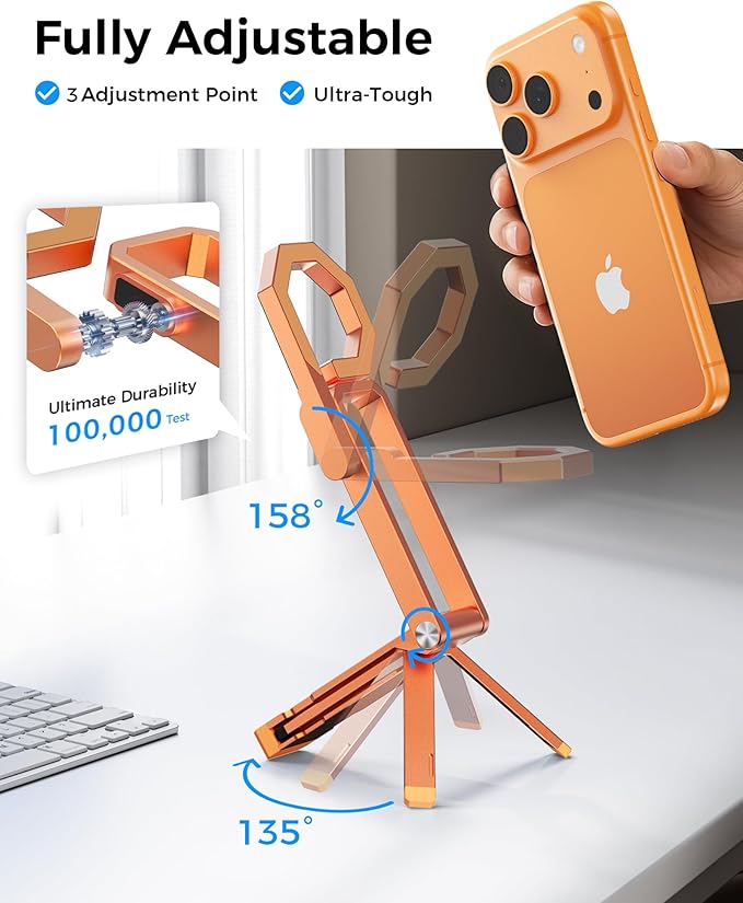 LULULOOK Rugged Magnetic Phone Tripod Stand for iPhone/Pixel 10 - Portable Strong Magnetic Phone Holder for Magsafe - Tripod Mount for iPhone 13/14/15/16/17 Pro Max & Air (Orange)