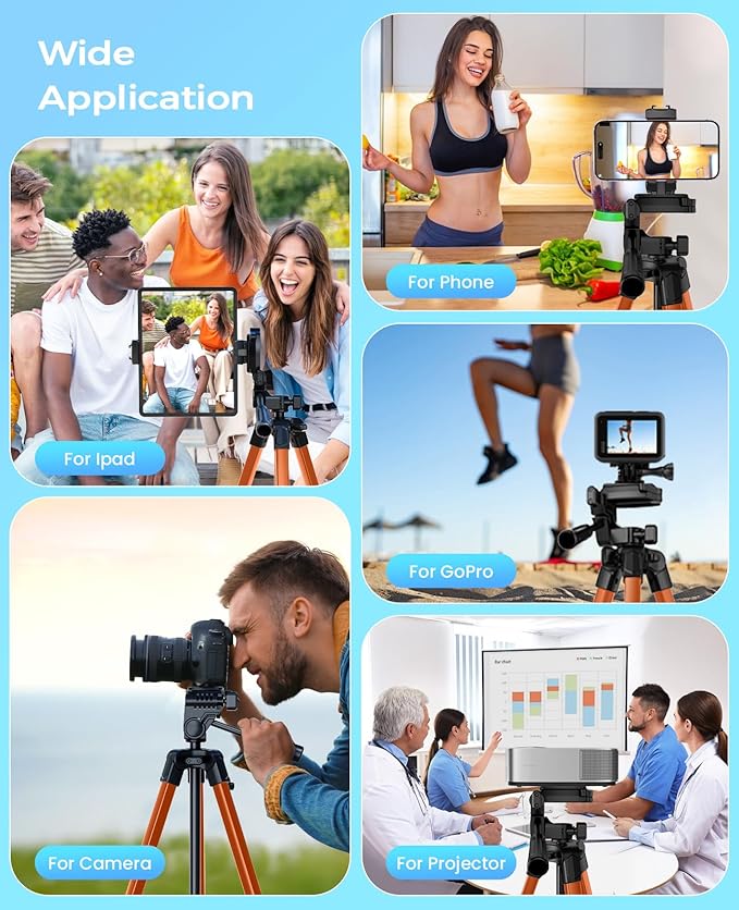 MACTREM 67" Tripod Stand for iPad Phone Tablet Camera with 2 in 1 Mount & Wireless Remote, Aluminum Extendable iPhone Tripod for Video Recording/Selfies/Live Stream/Vlogging (Orange)
