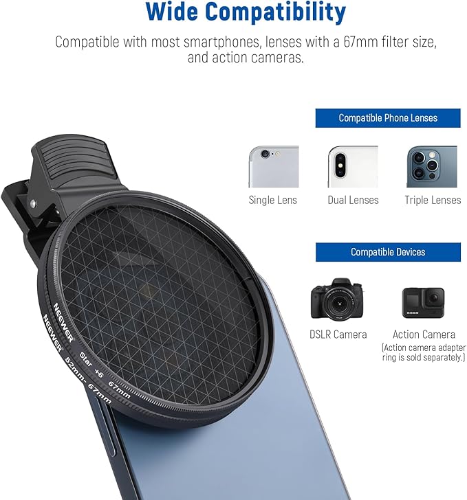 NEEWER 67mm ND + CPL + Star + 4 Graduated Color Filter Set with Phone Lens Clamp Compatible with iPhone 17 16 16e 15 14 Pro Max Plus Android Samsung S25 Ultra