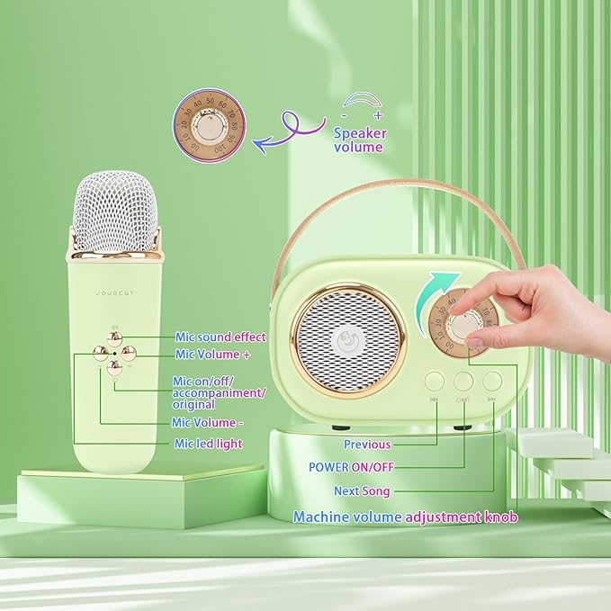 Mini Karaoke Machine for Kids,Portable Bluetooth Speaker with 2 Wireless Microphone,Toys for Girls Boys Gifts,Retro Speaker Set Stereo Sound Enhanced Bass for Home Party Birthday (Green)
