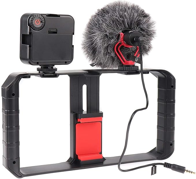 FocusFoto PRO U-Rig Smartphone Video Camera Cage Mount Holder Stabilizer Handle Grip with BOYA by-MM1 Microphone Mic+ 49 LED Light+ Mini Tripod Kit for Mobile Phone iPhone Filmmaking Videomaker